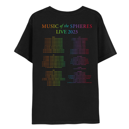 2: Back: MUSIC OF THE SPHERES and 2023 tour dates, cities and stadiums, in a neon colors gradient of orange, yellow, green, blue, violet, pink fuchsia and red. LIVE 2023, in light green, yellow, blue, purple and pink. The dates go from March to November, organized in 2 columns