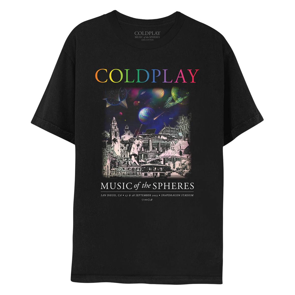 1: Front: The spheres,??&a rainbow arc on a starry night sky above city landmarks: The Unconditional Surrender sculpture in the embarcadero of the bay, where a sailor and a nurse kiss to celebrate the end of World War II. Snapdragon Stadium. A famous old church. The San Diego Zoo. Balboa Park’s California Tower. A trolley, and palm trees. A????circle&??adorn the Historic Heart of San Diego. COLDPLAY written in neon rainbow colors. MUSIC OF THE SPHERES, dates&venue