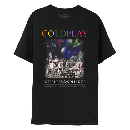 1: Front: The spheres,??&a rainbow arc on a starry night sky above city landmarks: The Unconditional Surrender sculpture in the embarcadero of the bay, where a sailor and a nurse kiss to celebrate the end of World War II. Snapdragon Stadium. A famous old church. The San Diego Zoo. Balboa Park’s California Tower. A trolley, and palm trees. A????circle&??adorn the Historic Heart of San Diego. COLDPLAY written in neon rainbow colors. MUSIC OF THE SPHERES, dates&venue