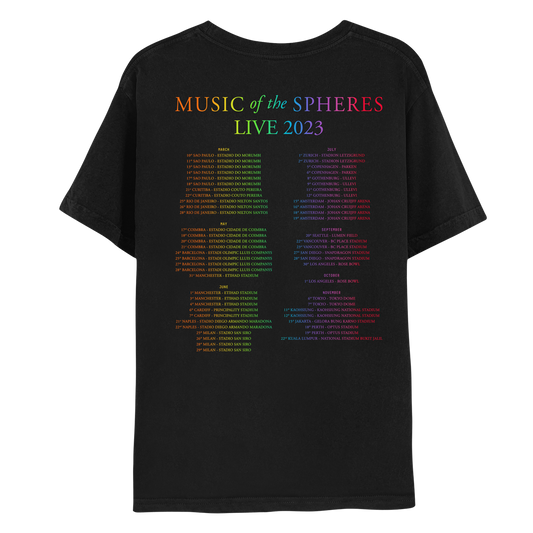 2: Back: MUSIC OF THE SPHERES and 2023 tour dates, cities and stadiums, in a neon colors gradient of orange, yellow, green, blue, violet, pink fuchsia and red. LIVE 2023, in light green, yellow, blue, purple and pink. The dates go from March to November, organized in 2 columns
