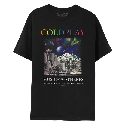 1: Front: The spheres,??&a rainbow arc on a starry night sky above city landmarks: Space Needle, a tall futuristic tower with a circular observation deck. A ferris wheel near the sea. A white ship with many decks is the Seattle Ferry. The bustling downtown, and shooting stars. A????circle&??adorn the Lumen Field Stadium, with its curved roof and sweeping arches. The snow-capped peak Mount Rainier dominates the horizon. COLDPLAY written in neon rainbow colors. MUSIC OF THE SPHERES, date&venue