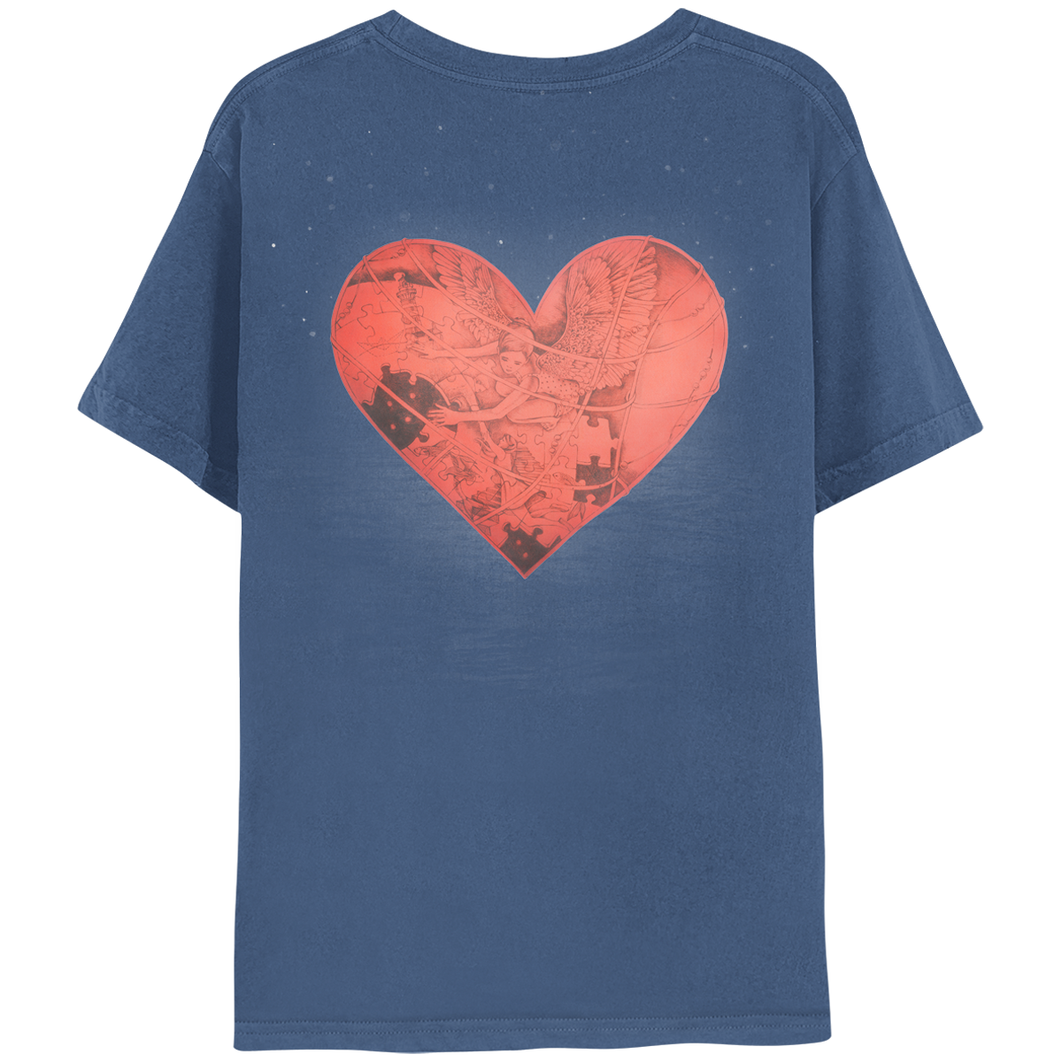 Back: a delicate etching that features a large red heart over a blue backdrop. An angel woman, with feathered wings spread wide, puts together a giant jigsaw puzzle, composed of pictures of a lighthouse, a man pulling a woman up from the ground, a staircase, and some fish floating around. The drawing is monochromatic, using variations of red to create depth and detail. The background of the shirt has small white specks around the heart, resembling tiny stars.