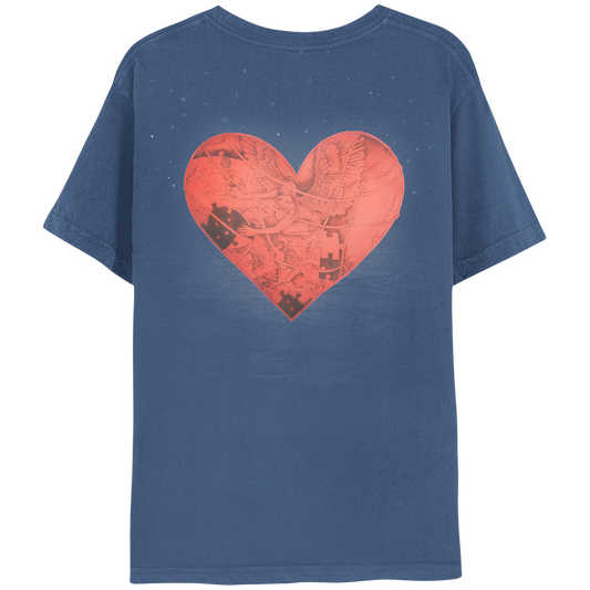 Back: a delicate etching that features a large red heart over a blue backdrop. An angel woman, with feathered wings spread wide, puts together a giant jigsaw puzzle, composed of pictures of a lighthouse, a man pulling a woman up from the ground, a staircase, and some fish floating around. The drawing is monochromatic, using variations of red to create depth and detail. The background of the shirt has small white specks around the heart, resembling tiny stars.