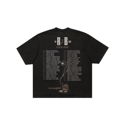 Black t-shirt with graphic design and tour dates on the back