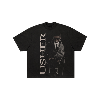 Black t-shirt with a graphic of Usher and 'Usher' text