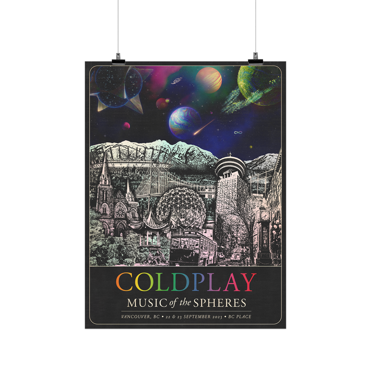 1: The spheres,??&a rainbow arc on a starry night sky above city landmarks: the BC Place open roof stadium. Our Lady of the Holy Rosary church from the 1900s. The gazebo from Chinatown’s Classical Chinese Garden. The science world dome. The Lion’s Gate bridge, linking downtown to the North Shore. A tour bus on a Gastown street. A steam clock. The Harbour Centre skyscraper. Trees, and mountains. COLDPLAY written in neon rainbow colors. MUSIC OF THE SPHERES, dates&venue