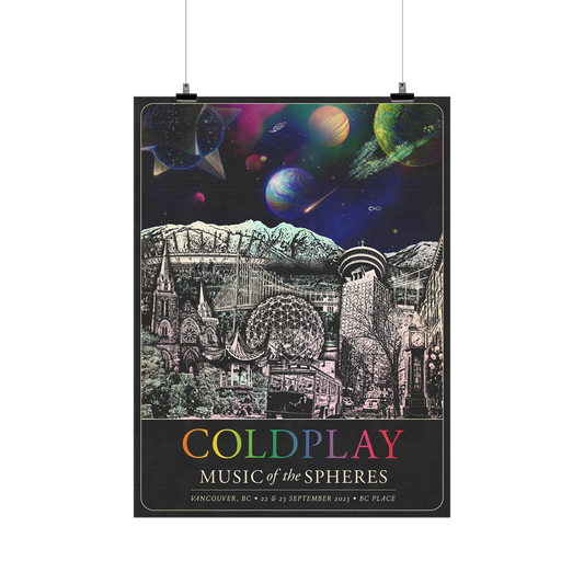 1: The spheres,??&a rainbow arc on a starry night sky above city landmarks: the BC Place open roof stadium. Our Lady of the Holy Rosary church from the 1900s. The gazebo from Chinatown’s Classical Chinese Garden. The science world dome. The Lion’s Gate bridge, linking downtown to the North Shore. A tour bus on a Gastown street. A steam clock. The Harbour Centre skyscraper. Trees, and mountains. COLDPLAY written in neon rainbow colors. MUSIC OF THE SPHERES, dates&venue