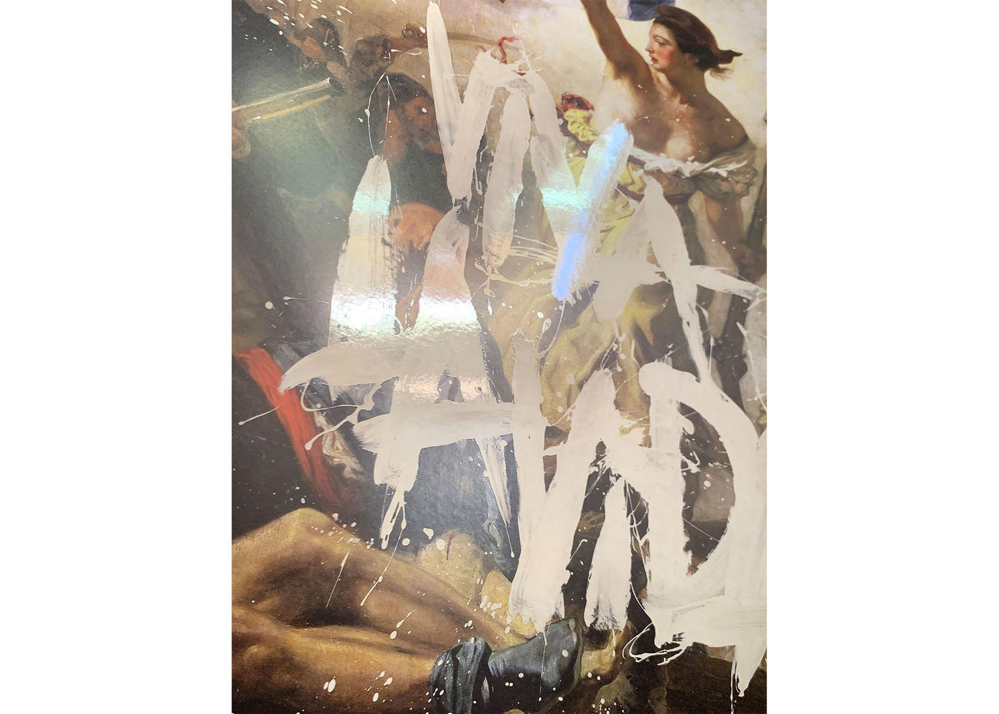 Image 2:
Close-up: The lady’s chest and feet are bare. She wears a beige draped dress on her waist, a red belt, and a red conical hat. The scene is smoky. Diverse groups hold guns: A peasant, a bourgeois man in a top hat, and a young boy, both in white shirts and light brown pants. The flag of France is red, white and blue