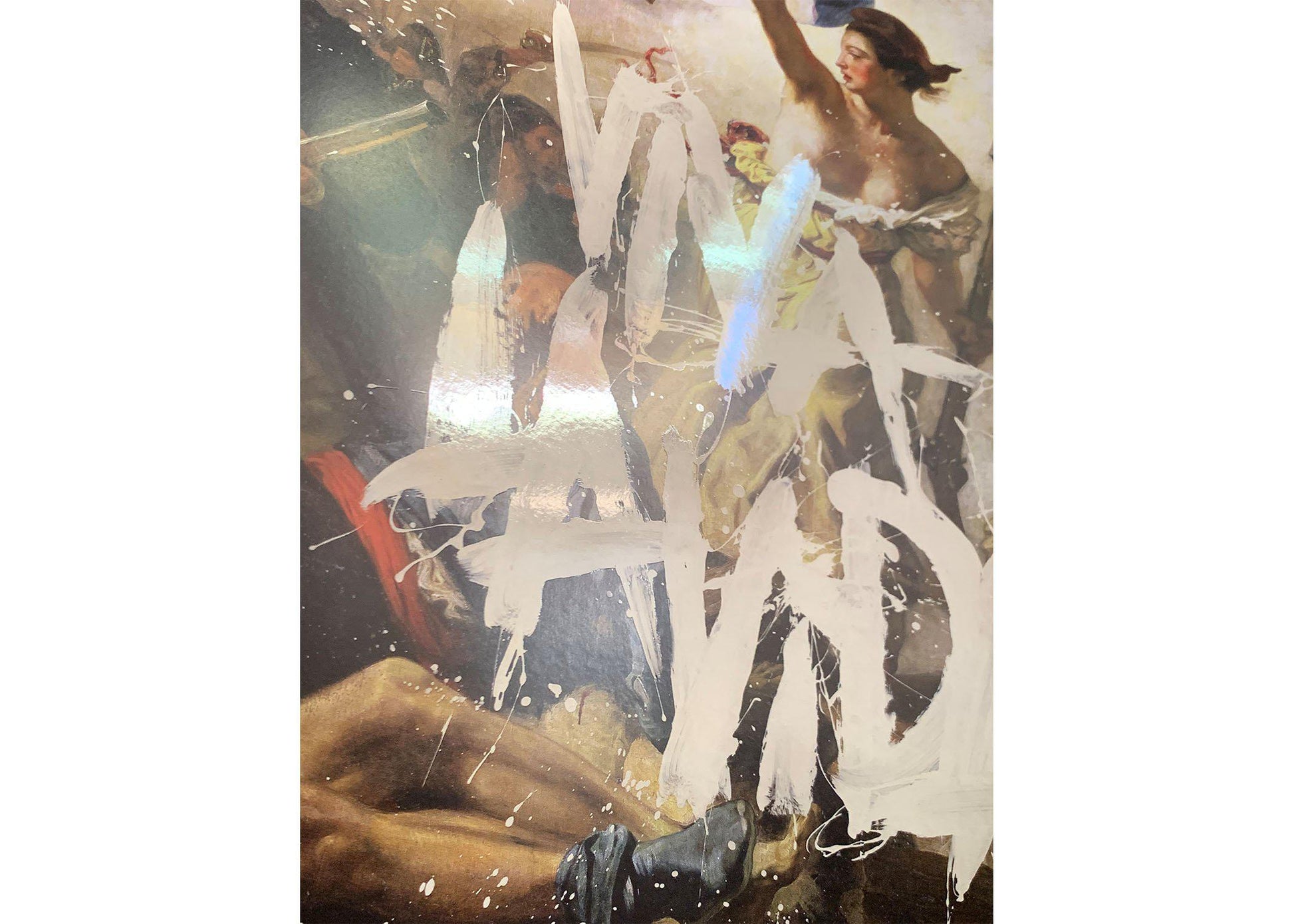 Image 2:
Close-up: The lady’s chest and feet are bare. She wears a beige draped dress on her waist, a red belt, and a red conical hat. The scene is smoky. Diverse groups hold guns: A peasant, a bourgeois man in a top hat, and a young boy, both in white shirts and light brown pants. The flag of France is red, white and blue