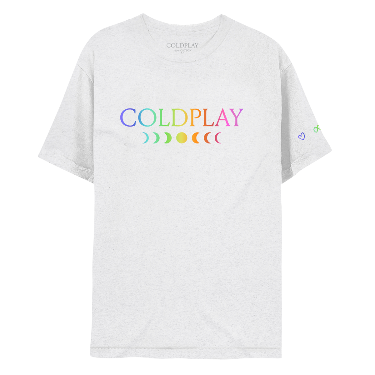 Front:  COLDPLAY printed in a rainbow gradient. C is purple, O is light blue, L is green, D is green to yellow, P is orange, L is dark orange, A is bright pink, and Y is a muted pink. A 7-phase moon cycle sits below in the same color gradient. A purple heart, green infinity sign, orange circle, and pink rainbow adorn the left sleeve.