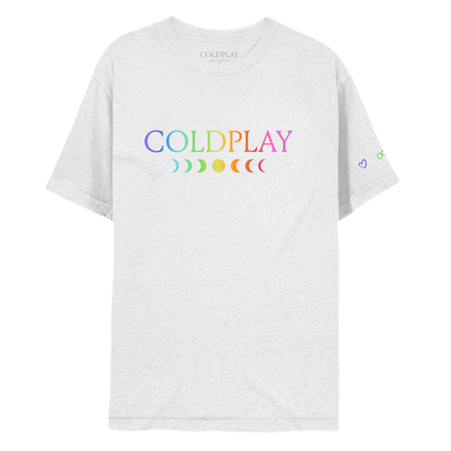 Front:  COLDPLAY printed in a rainbow gradient. C is purple, O is light blue, L is green, D is green to yellow, P is orange, L is dark orange, A is bright pink, and Y is a muted pink. A 7-phase moon cycle sits below in the same color gradient. A purple heart, green infinity sign, orange circle, and pink rainbow adorn the left sleeve.