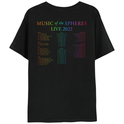 Back: MUSIC OF THE SPHERES and 2022 tour dates, cities and stadiums, in a neon colors gradient of orange, yellow, green, blue, violet, pink and red. LIVE 2022, in light green, yellow, blue, and purple. The dates go from March to October, organized in 3 columns.