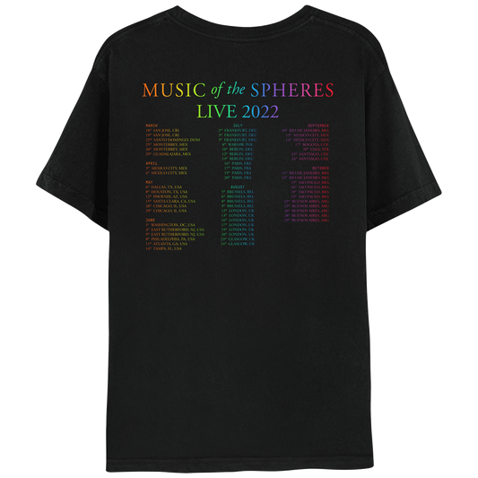 Back: MUSIC OF THE SPHERES and 2022 tour dates, cities and stadiums, in a neon colors gradient of orange, yellow, green, blue, violet, pink and red. LIVE 2022, in light green, yellow, blue, and purple. The dates go from March to October, organized in 3 columns.