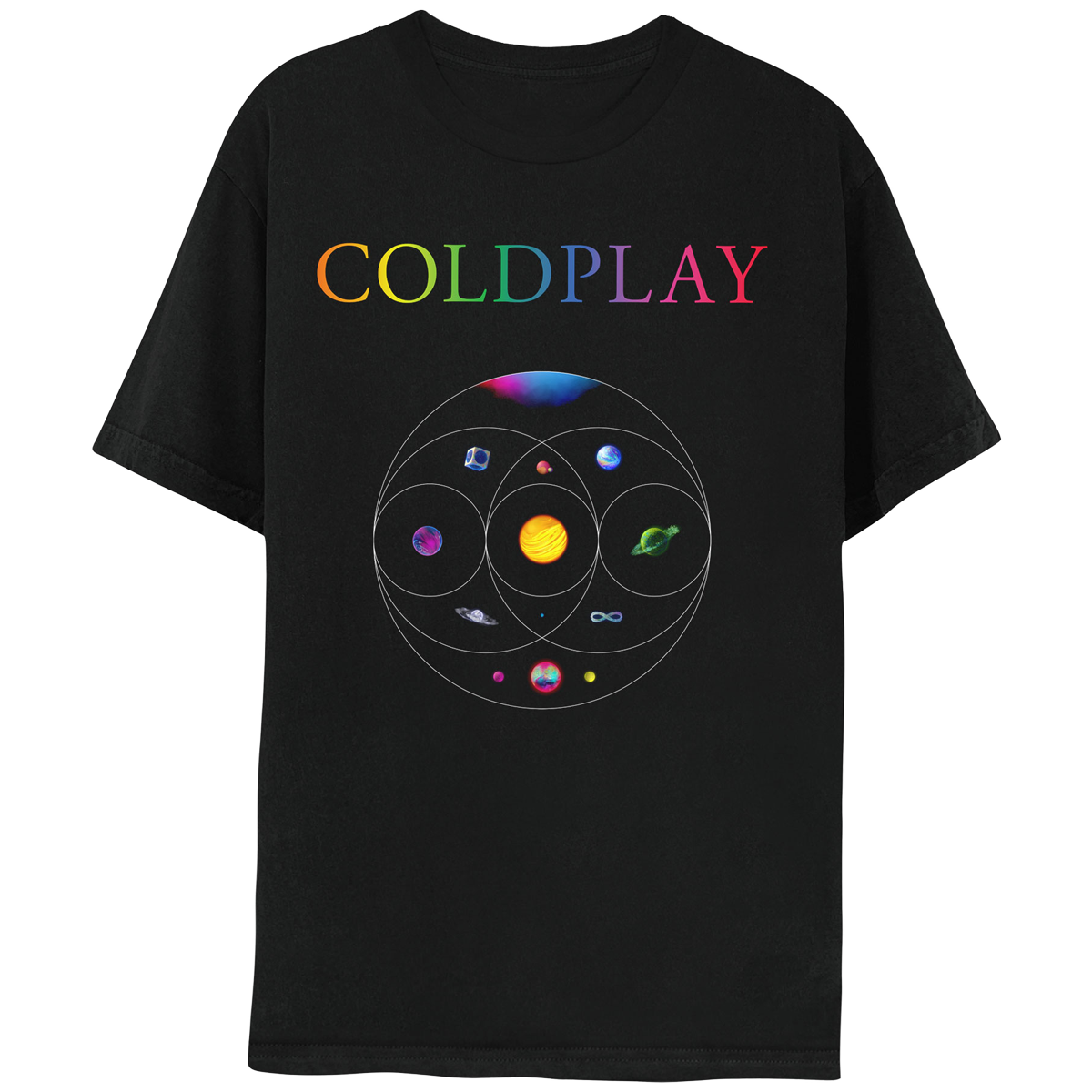 Front: COLDPLAY in neon colors on the chest; 11 planets sit inside eccentric circles which overlap like a Venn diagram below. A pink&blue nebula, blue planet in a silver cube. Pink planet with orange crater&green moon. One where light blue, orange pink streaks flow as water. Yellow and orange sun-like planet, one of magenta&dark blue waves, a green planet with ring made of foliage, an opalescent sphere with large ring, a purple, green&blue infinity sign, and a pink, blue&green planet with neon moons.