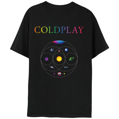 Front: COLDPLAY in neon colors on the chest; 11 planets sit inside eccentric circles which overlap like a Venn diagram below. A pink&blue nebula, blue planet in a silver cube. Pink planet with orange crater&green moon. One where light blue, orange pink streaks flow as water. Yellow and orange sun-like planet, one of magenta&dark blue waves, a green planet with ring made of foliage, an opalescent sphere with large ring, a purple, green&blue infinity sign, and a pink, blue&green planet with neon moons.