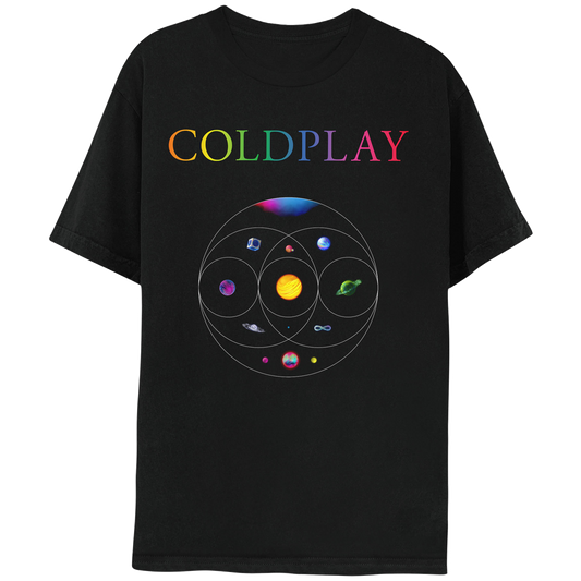 Front: COLDPLAY in neon colors on the chest; 11 planets sit inside eccentric circles which overlap like a Venn diagram below. A pink&blue nebula, blue planet in a silver cube. Pink planet with orange crater&green moon. One where light blue, orange pink streaks flow as water. Yellow and orange sun-like planet, one of magenta&dark blue waves, a green planet with ring made of foliage, an opalescent sphere with large ring, a purple, green&blue infinity sign, and a pink, blue&green planet with neon moons.