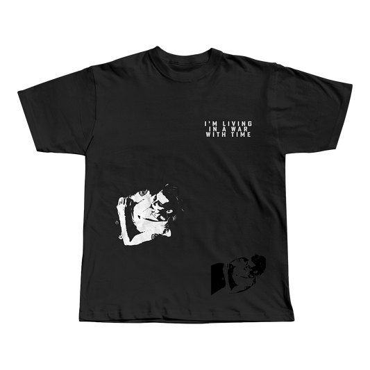 Black t-shirt with white graphic design.